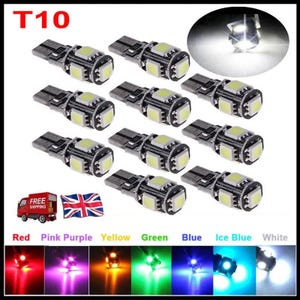 May include: A pack of ten T10 LED bulbs, each with a white plastic base and a clear glass bulb. The bulbs are arranged in a grid pattern on a white background. The text "T10" is printed in black at the top of the image.