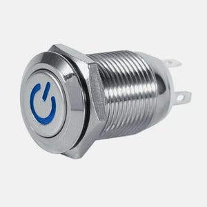 May include: A polished chrome power button featuring a blue illuminated power symbol. The button has a hexagonal base and a cylindrical, threaded body. Suitable for electrical applications.