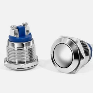 May include: Two stainless steel push button switches with a blue accent. One button is upright, showing the top with screw terminals. The other button is on its side, showing the circular button face.