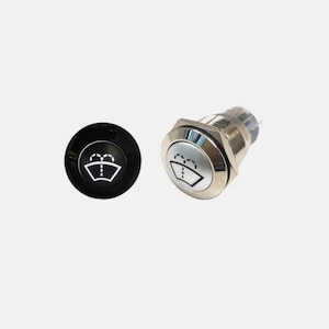 May include: Two automotive wiper switch buttons. One is black with a white wiper symbol, the other is silver with the same symbol. The silver button has a cylindrical body with a threaded base.