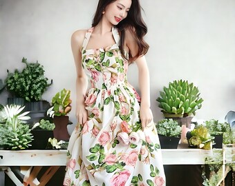 Spring Floral Dress, Square Neckline Retro Dress, sleeveless midi skirt, Summer dresses