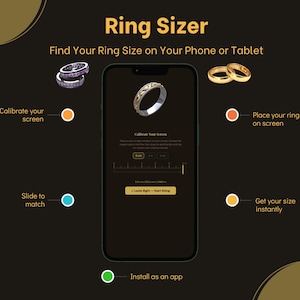 May include: A dark background with the text "Ring Sizer" and "Find Your Ring Size on Your Phone or Tablet." The image shows a smartphone displaying a ring sizer app, along with illustrations of rings and instructions.