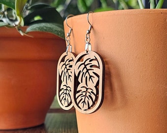 Monstera Leaf Earrings - Botanical Plant Jewelry Gift for Women - Boho Wood Dangle Drop Earrings Gift for Plant Lover, Plant Lady, Plant Mom