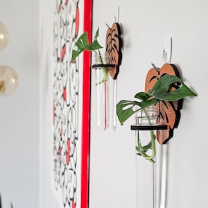 Wall Propagation Station - Wood Monstera Leaf Design - Hydroponic Hanging Test Tube Holder - Planter for Propagating Plant Cuttings in Water