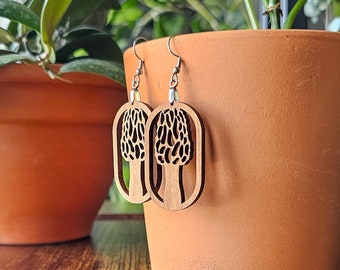 Morel Mushroom Earrings Jewelry - Mushroom Gift for Women - Boho Wood Dangle Drop Earrings - Gift Idea for Mushroom & Plant Lovers