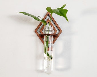 Wall Propagation Station - Diamond Wooden Cutout - Hydroponic Test Tube Holder for Propagating Plant Cuttings in Water - Hanging, Mounted