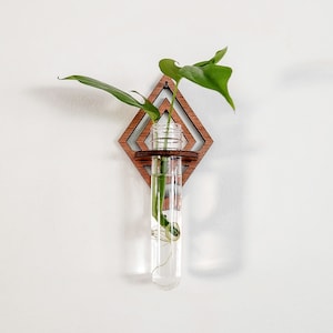 Wall Propagation Station - Diamond Wooden Cutout - Hydroponic Test Tube Holder for Propagating Plant Cuttings in Water - Hanging, Mounted