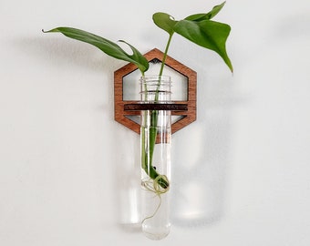 Wall Propagation Station - Hexagon Wood Hydroponic Test Tube Holder for Propagating Plant Cuttings in Water - Hanging Plant Décor Gift Idea