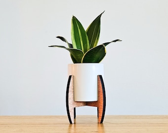 Mini Wood Indoor Plant Stand with Ceramic Planter - Succulent Pots for Small House Plants - Plant Gifts & Succulent Gift - Small Plant Pot