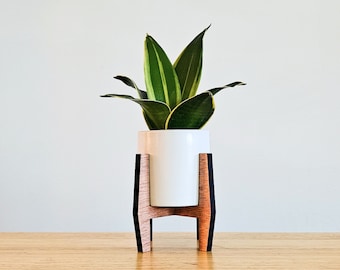 Mini Wood Indoor Plant Stand with Ceramic Planter - Succulent Pots for Small House Plants - Plant Gifts & Succulent Gift - Small Plant Pot