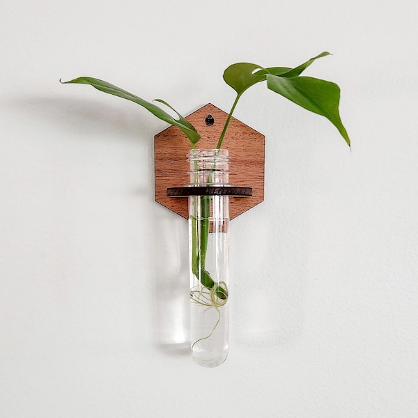 Wall Propagation Station - Hexagon Wooden Test Tube Holder - Propagate Plant Cuttings in Water - Hanging Hydroponic Plant Décor - Plant Gift