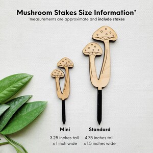 May include: Two wooden mushroom stakes, one mini and one standard size. The mini stake is 3.25 inches tall and 1 inch wide. The standard stake is 4.75 inches tall and 1.5 inches wide. Both stakes are painted brown with black stems.