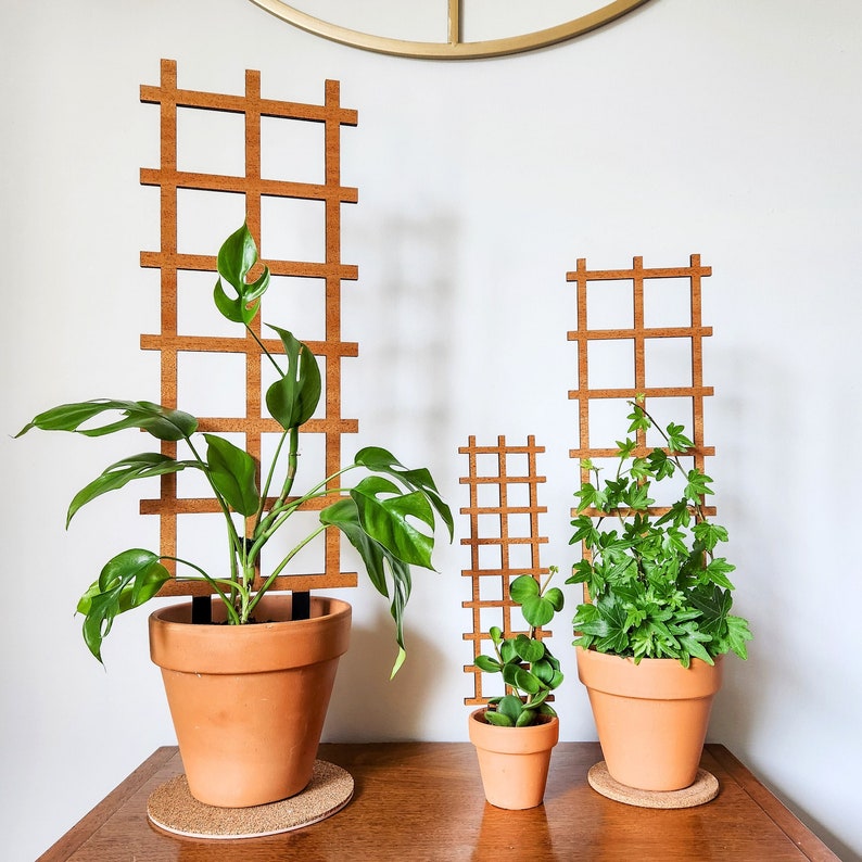 May include: Three wooden plant stands in different sizes, each with a square grid pattern. The stands are holding potted plants, including a large green plant with leaves, a smaller green plant with leaves, and a small green plant with leaves.