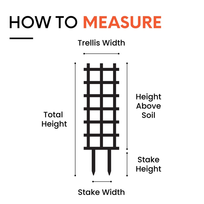 May include: Diagram showing how to measure a trellis for gardening. The diagram shows the trellis width, total height, height above soil, and stake height and width.