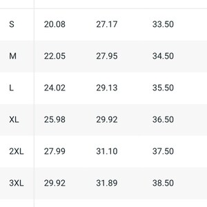 May include: Size chart showing width, length, and sleeve length in inches for sizes S through 5XL.
