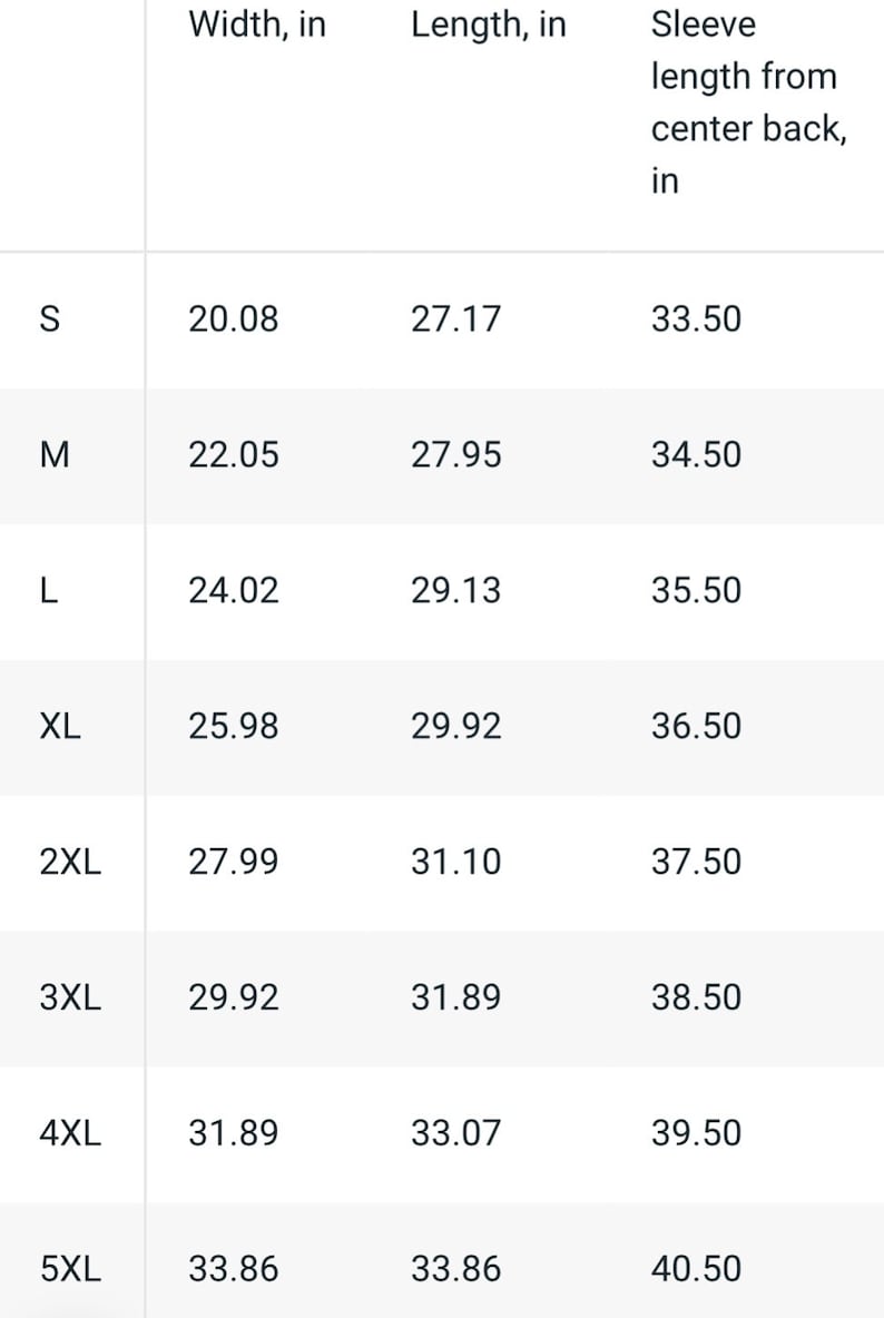 May include: Size chart showing width, length, and sleeve length in inches for sizes S through 5XL.