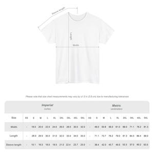 May include: White t-shirt with measurements for width, length, and sleeve length. The size chart includes measurements in inches and centimeters, ranging from XS to 5XL. The width ranges from 18.0 to 32.0 inches.
