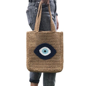 Evil Eye Straw Bag, Basket Bag, Crochet Bag, Boho Bag, Natural Straw Bag, Mothers Day