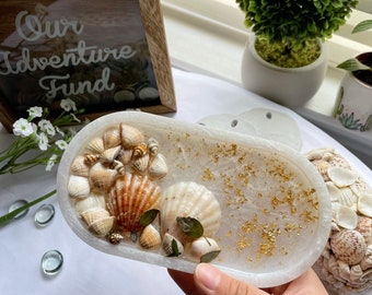 Jewelry Organizer Tray, Beach Themed Oval Vanity Tray, Seashell Art Summer Jewelry Wedding Gifts Beach Decor Coffee Table Decor Gifts