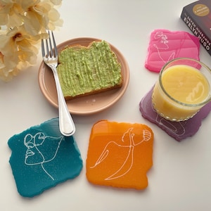 Resin Coaster Sets, Cute Coasters, Spring Decor, Colorful Art, Line Art