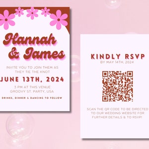 Retro Groovy Floral Wedding Invitation Editable Template