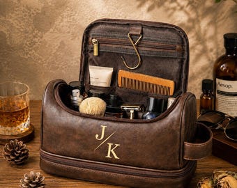 Neceser de viaje para hombre grabado, neceser de cuero personalizado para hombre, neceser colgante, regalos para padrinos de boda, regalo de aniversario para él.