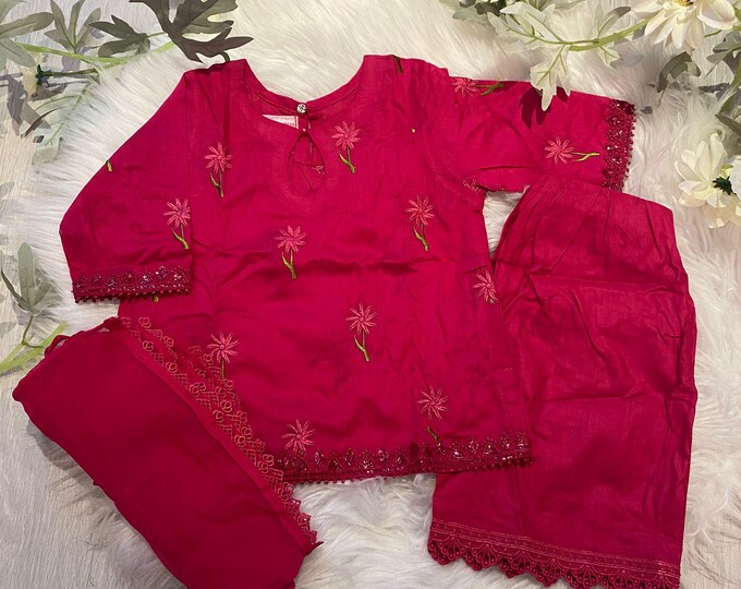 Girl Red Velvet Embroidered Short Kurta with Salwar
