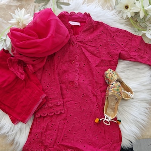 Mother daughter hot pink chikenkari (0-4 years and XS-XXL)