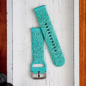 Sugar Skull Samsung Galaxy Watch Band, Dia De Los Muertos Inspired 20mm 22mm Quick Release Compatible Laser Engraved Watch Band