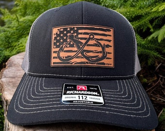 Fishing and Hunting Leather Patch Hat, Deer Antler and Fishing Hook, American Flag Hat, Outdoorsman Gift, Hunter Gift, Fisherman Gift