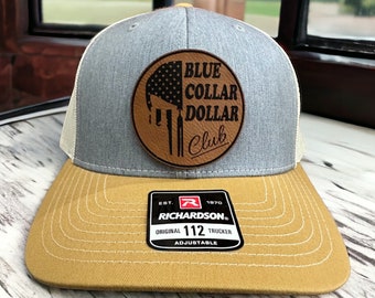 Engraved Leather Patch Hat – Blue Collar Dollar Club & Working Class Hustle | Trucker Cap Adjustable Snapback and Flexfit Worker Gift