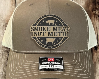 Smoke Meat Not Meth Leather Patch Hat, Funny BBQ, Pitmaster Barbecue, Smoker Cookout, Grill Master Gift, BBQ Humor, Meat Smoking