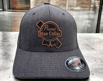 Proud Blue Collar Funny Leather Patch Hat, Beer Logo Inspired Trucker Hat, Blue Collar Humor, Working Man Hat, Tradesman Gift
