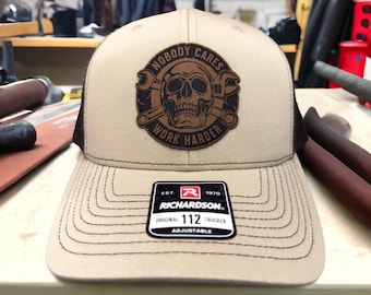 Nobody Cares Work Harder Leather Patch Hat | Blue Collar Custom Trucker Hat | Gift For Him Unique | Richardson 112 or Flexfit Hat