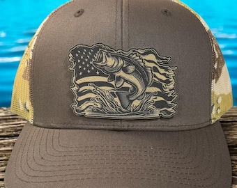 American Flag Bass Fish Leather Patch Hat, Bass Fishing, Patriotic Angler, Fisherman Gift, USA Fishing, Lake Life, Outdoorsman, Fishing Gift