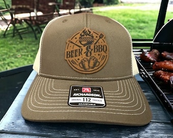 Beer & BBQ Leather Patch Hat, Pitmaster Barbecue Cookout Hat, Beer Lover Gift, Grill Master BBQ, Backyard BBQ, Smoker and Grilling