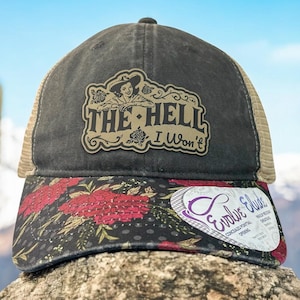 Sombrero de cuero con parche &quot;Demonios, no lo haré&quot;, divertido / Sombrero de cola de caballo personalizado para mujer / Regalo único y divertido para ella / Richardson 112, Flexfit o sombrero de cola de caballo