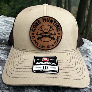 Gone Hunting Leather Patch Hat | Funny Hunt and Fish Custom Trucker Hat | Fishing Gift For Him Unique | Richardson 112 or Flexfit Hat