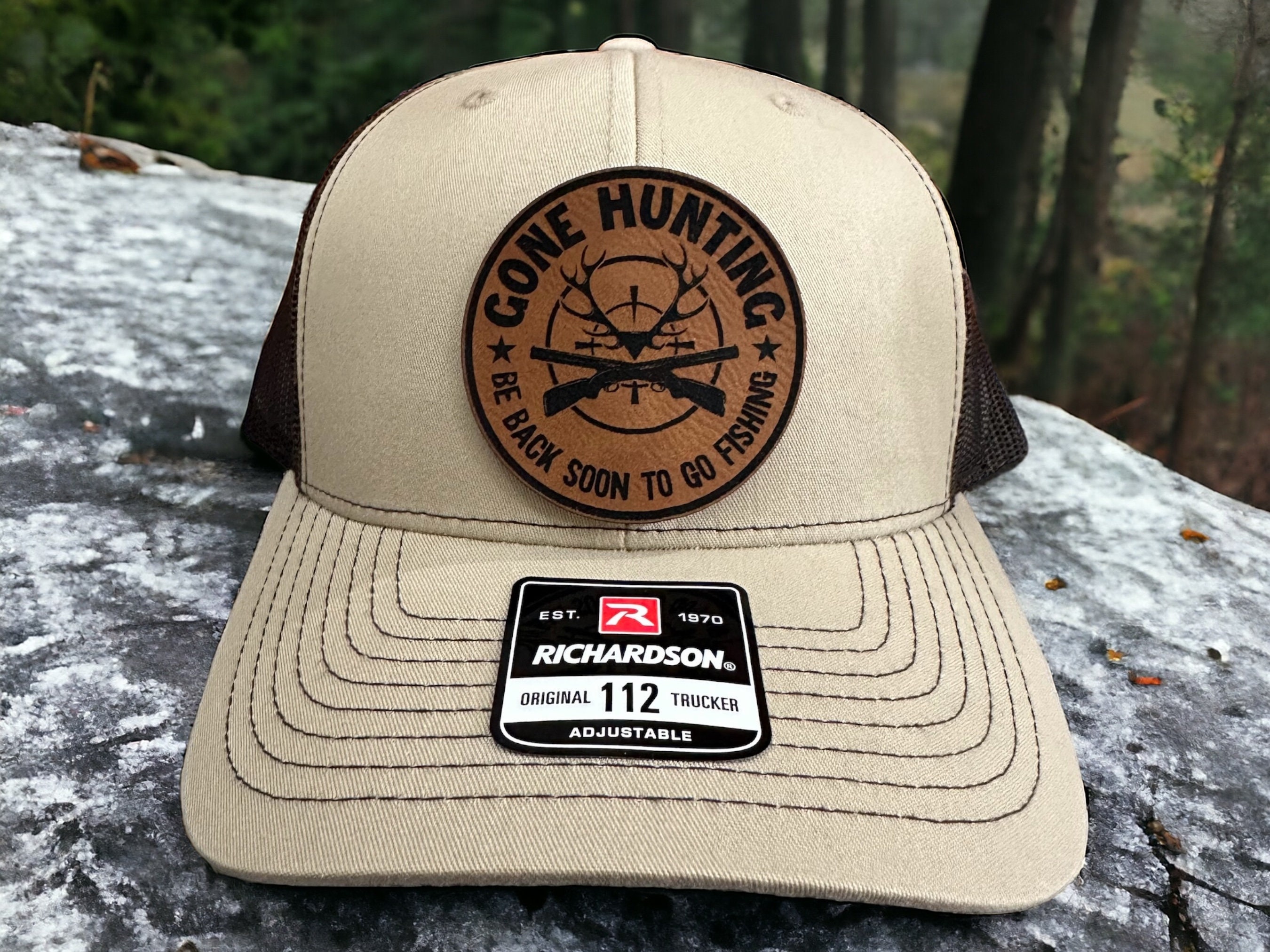 Gone Hunting Leather Patch Hat Funny Hunt and Fish Custom Trucker