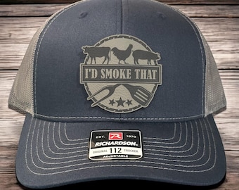 I'd Smoke That Funny BBQ Leather Patch Hat, Pitmaster Trucker Hat, Smoker Hat, Grill Master Gift, Funny BBQ Hat, Barbecue Gift
