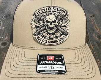 I Can Fix Stupid But It's Gonna Hurt Funny Blue Collar Leather Patch Trucker Hat, Skull Leather Patch, Sarcastic Work Hat, Mechanic Cap