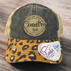 Country Girl Cute Leather Patch Hat | Custom Womens Ponytail Hat | Gift For Her Unique | Richardson 112, Flexfit or Ponytail Hat