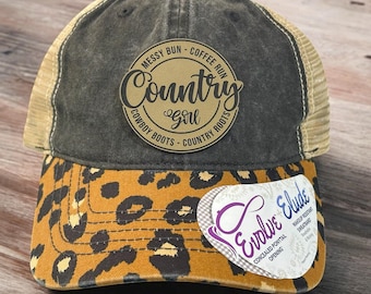 Engraved Leather Patch Women’s Ponytail Hat – Country Girl Trucker Cap for Cowgirls & Farm-Life Style Gift