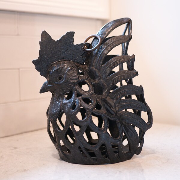 Heavy 10" Vtg Cast Iron Rooster Hanging Indoor/Outdoor Votive Lantern - Made in Japan - Excellent Vintage Condition