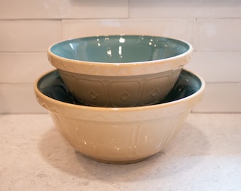 Set of 2 - Vtg 10" & 12" Mason Cash Nesting Mixing Bowls - Tan w Teal Interior - Crafted in England - Rustic Farmhouse - Excellent Condition