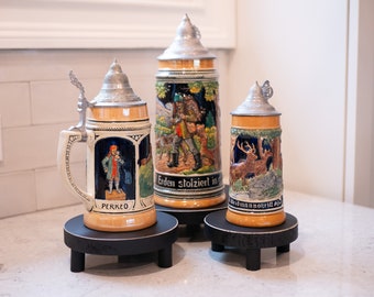 Lot of 3 - Vintage German Steins - 12 oz, 24 oz, 40 oz - Clean, Colorful, Vibrant - Rustic, Hunting Decor - Excellent Vintage Condition