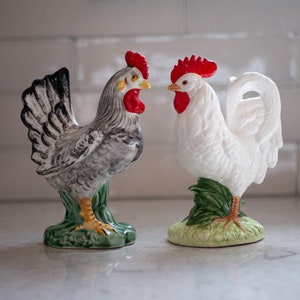 Lot of 2 - Vintage Ceramic Colorful Rooster & Hen Chickens - Japan - Hand Painted - Farmhouse Americana - Excellent Vintage Condition