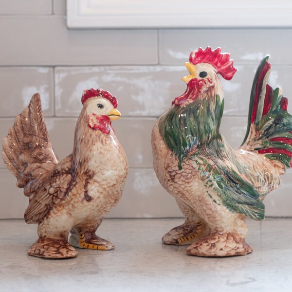 Set of 2 - Ex Large Vintage Ceramic Colorful Rooster & Hen Chickens - Hand Painted - Farmhouse Americana - Excellent Vintage Condition