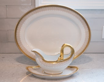 Vintage Bernardaud BER6 15" Serving Platter & Gravy Boat w/ Underplate - Greek Key on Gold - Limoges, France - Excellent Condition