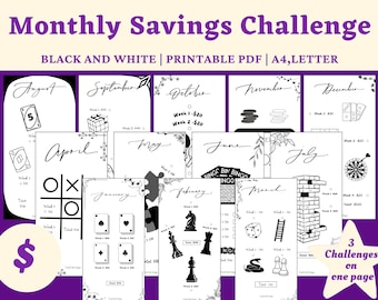 Black and white Monthly Savings Challenge, A6 cash tracker Printable Bundle, Instant PDF Download